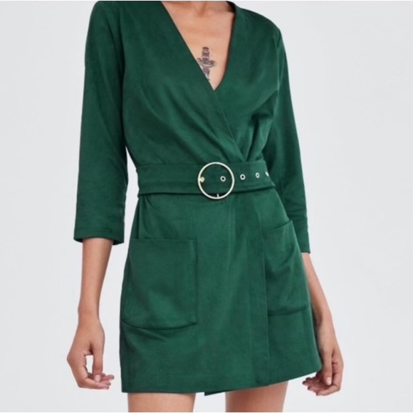 ZARA GREEN FAUX SUEDE VNECK GOLD BELT ROMPER SMALL - Picture 6 of 6